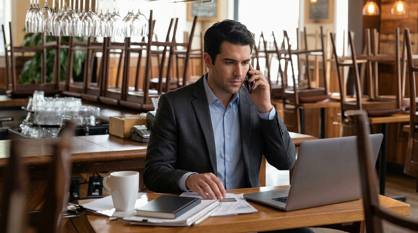 General manager conducting restaurant operations and audit review in dining room